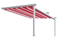 Moderne Terrassenüberdachung mit rotem Stoff und LED-Beleuchtung